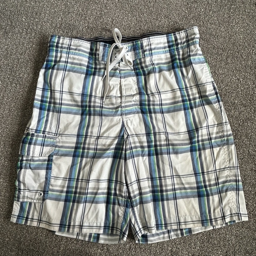 Meronaβ Swim Trunks Board Shorts -Men's Large- White Blue Plaid Cargo Pockets